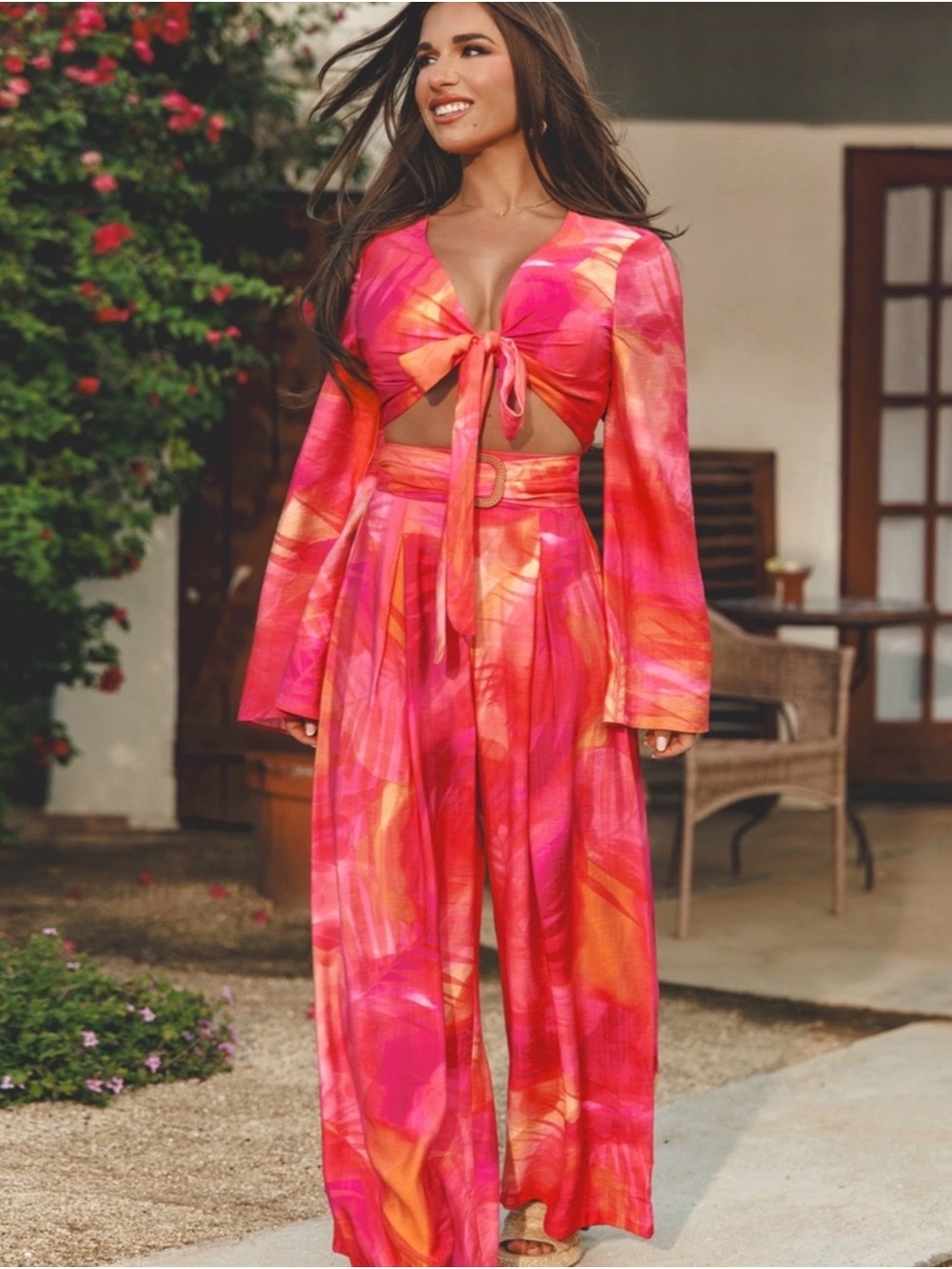 Cupshe Pink & Orange Tie-Front Crop Top with Wide-Leg Pants Set